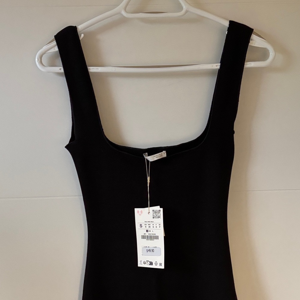 NEVER USED! Zara Stretch Square Neck Black Midi Dress - Picture 3 of 3